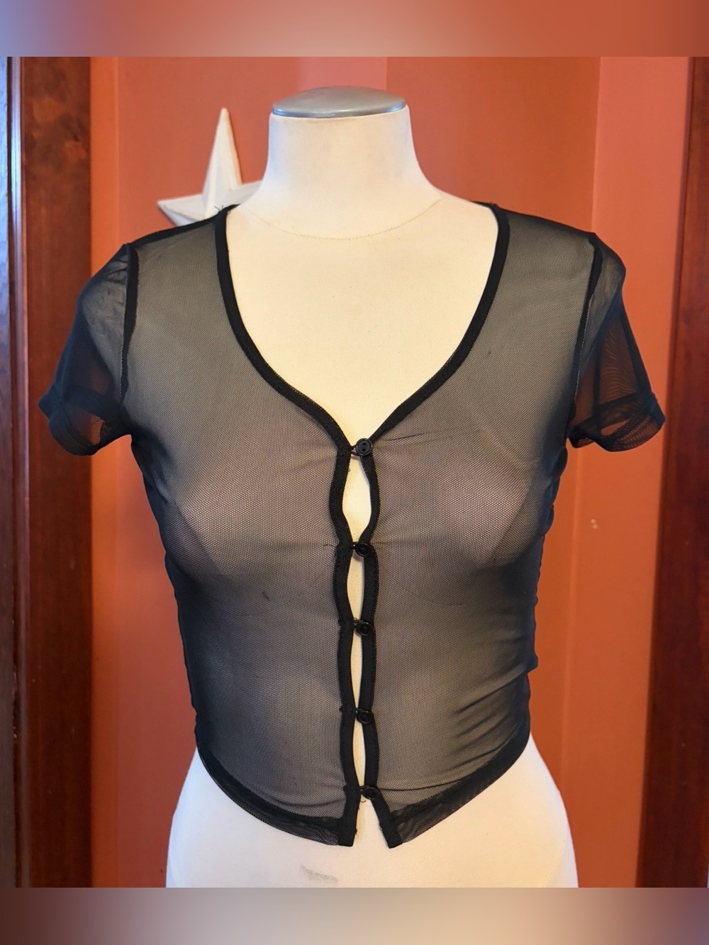 5/$25‼️Heart Hips Black Sheer Short-Sleeve Cropped Mesh Button Top